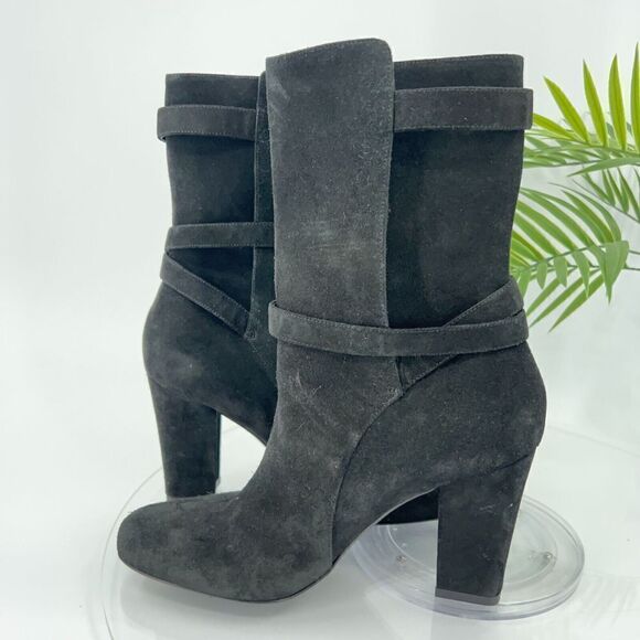 Theory Jodhpur Size 8.5 Mid Calf Black Suede Heeled Ankle Boots Booties Strap - Picture 9 of 14
